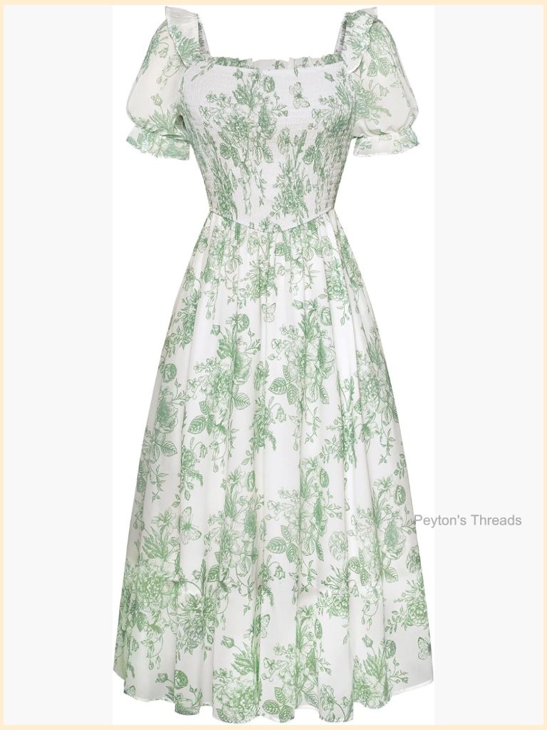 Floral Puff Sleeve Square Neck A-Line Midi Dress With Pockets